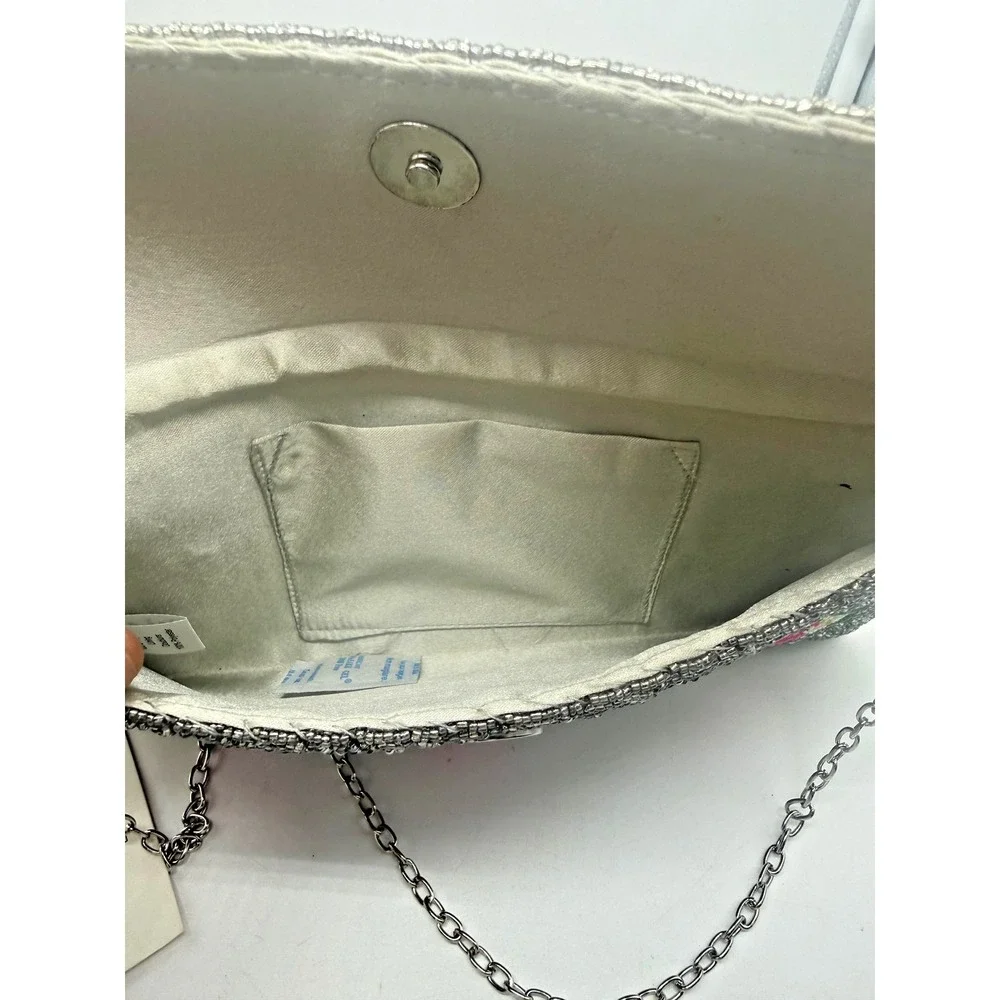 Rachel Zoe Clutch Bag Womens Small Silver Beaded Cocktail‎ Glasses Chain Strap